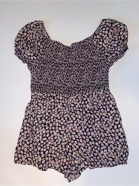Arizona Jean Co Ditsy Floral Smocked Romper Navy Pink XXL